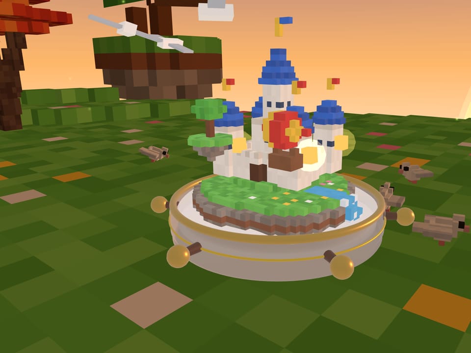 A finished Sky Castle puzzle with blue towers and flags, under an orange sunset with islands floating in the sky