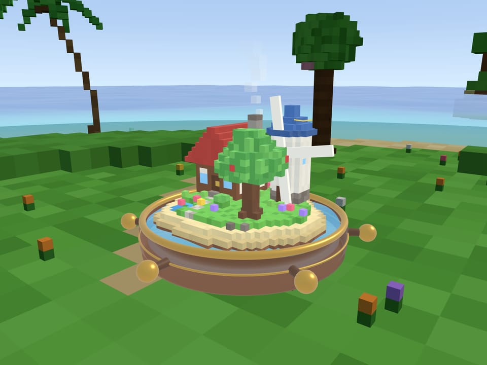 Loose voxel puzzle pieces scattered on the grass around the island tray