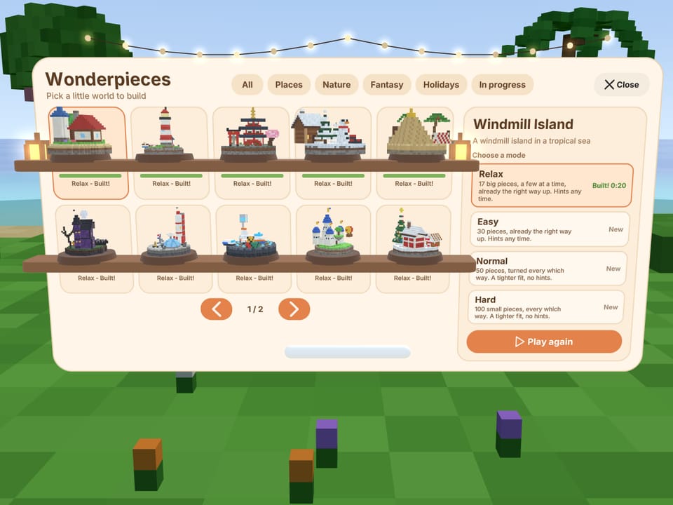 The in-game shelf with small previews of ten worlds and the Windmill Island details panel