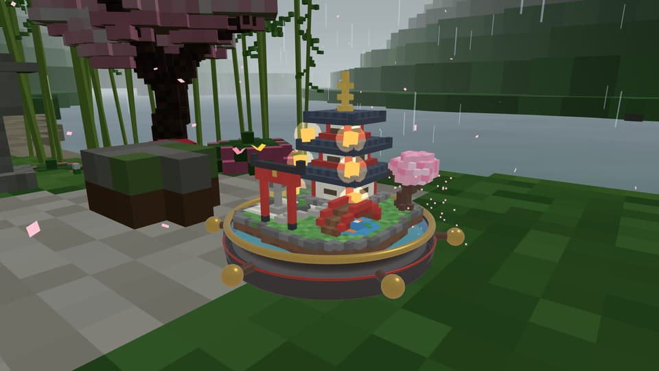 Pagoda Garden in the rain, streaks of water falling past the bamboo