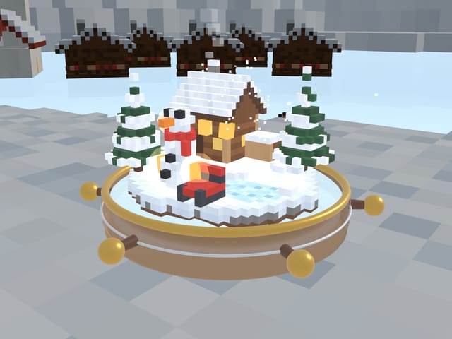 Snowy Cabin: a wooden cabin, pines and a snowman in a snowy clearing