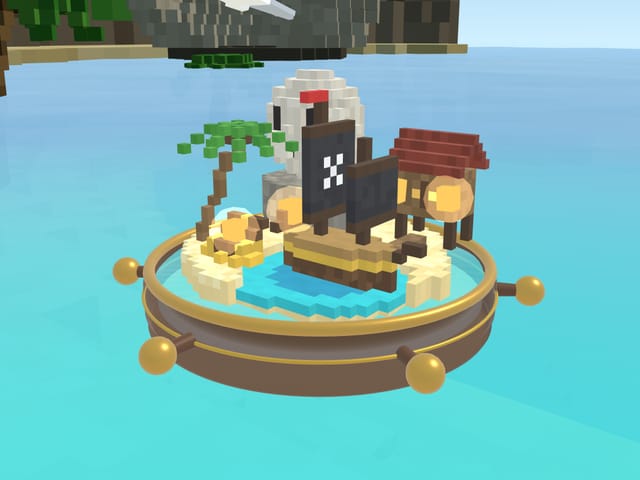 Pirate Cove: a pirate ship with black sails moored by a hut in a turquoise cove