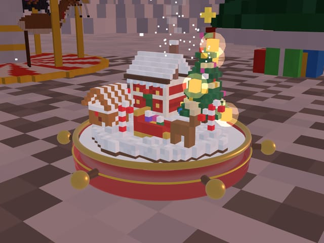 Santa's Workshop: a snowy red cottage with a Christmas tree and gifts